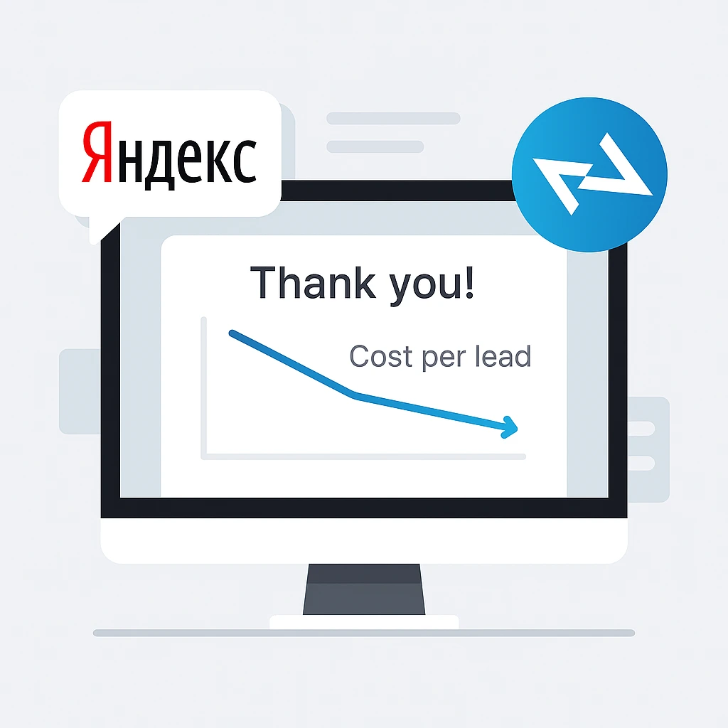 Иллюстрация оптимизации контекстной рекламы в Яндекс.Директ через настройку страницы «Спасибо» — на экране компьютера график снижения стоимости лида, рядом иконки Яндекс.Метрики