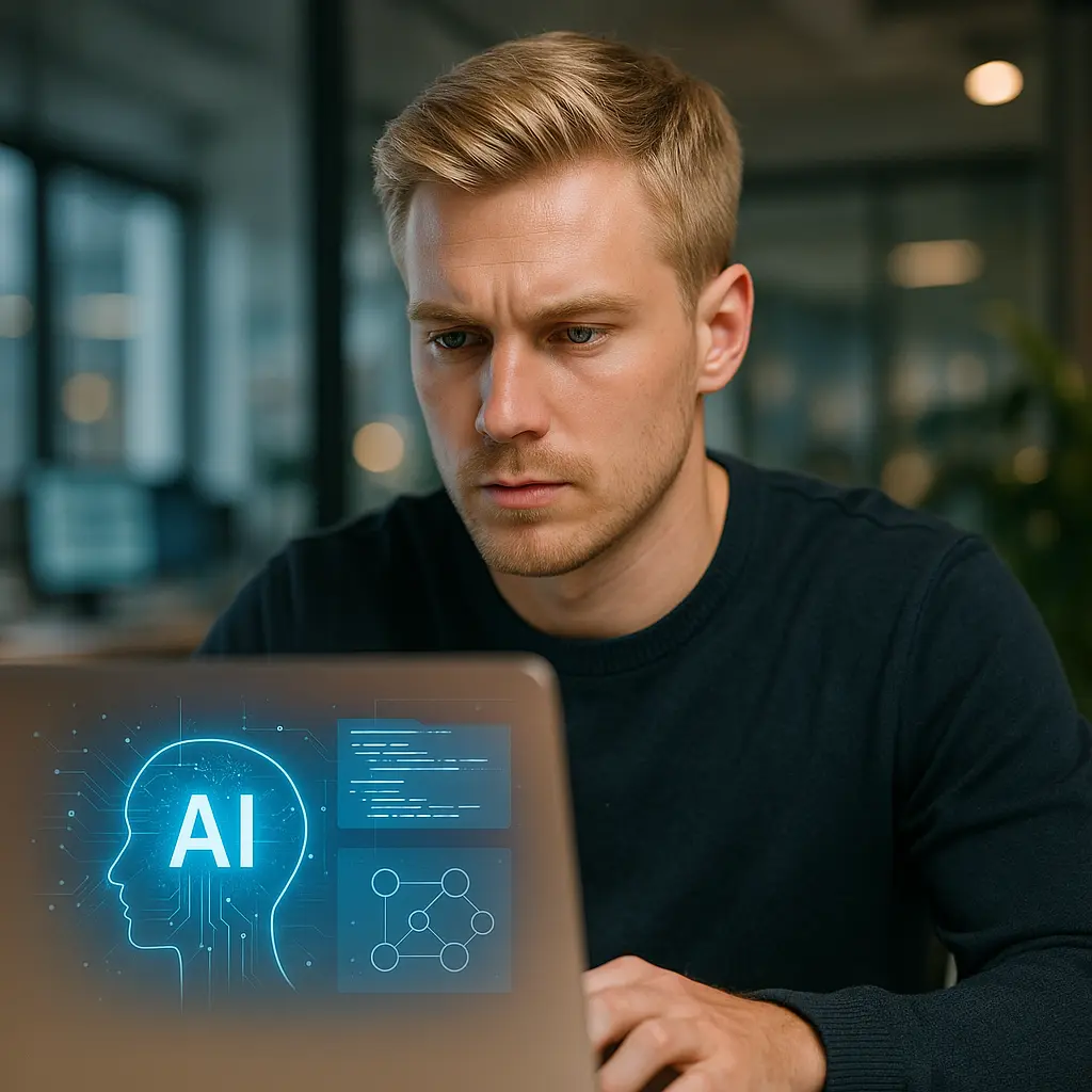Специалист работает за ноутбуком с инструментами ИИ — пример применения ИИ в работе разработчиков и маркетологов.